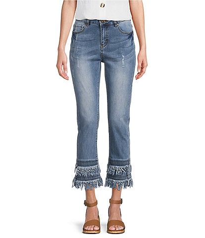 John Mark Petite Size Straight Leg 5-Pocket Fringe Hem Jeans