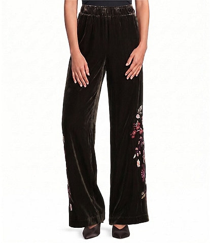 John Mark Petite Size Velvet Floral Embroidered Hem Wide Leg Pull-On Pants