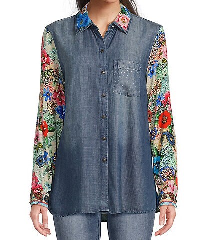 John Mark Petite Size Vintage Wash Woven Point Collar 3/4 Roll-Tab Sleeve Button Front Tunic