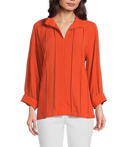John Mark Petite Size Wire Collar Split V-Neck 3/4 Sleeve Pintuck Detail Top