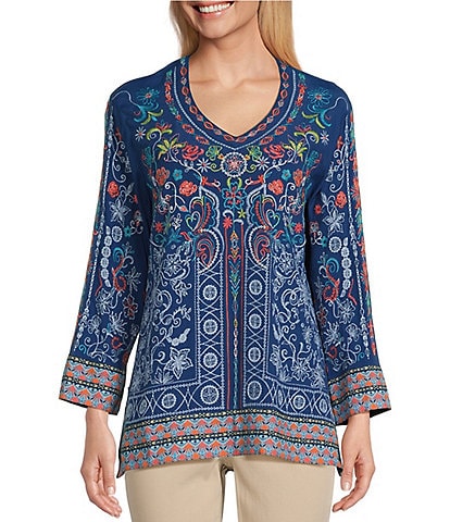 John Mark Petite Size Woven All Over Embroidered Floral Print V-Neck 3/4 Sleeve Tunic