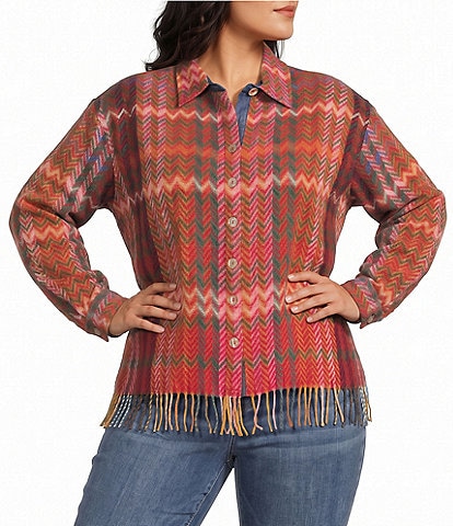 John Mark Petite Size Woven Chevron Pattern Point Collar Long Sleeve Fringe Hem Button Front Jacket