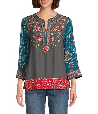 John Mark Petite Size Woven Embroidered Floral Print Y Neck 3/4 Sleeve Pullover Tunic