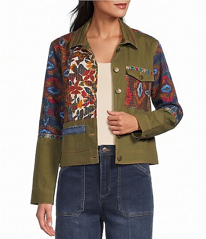 John Mark Petite Size Woven Embroidered Patchwork Floral Lining Point Collar Long Sleeve Button Front Jacket