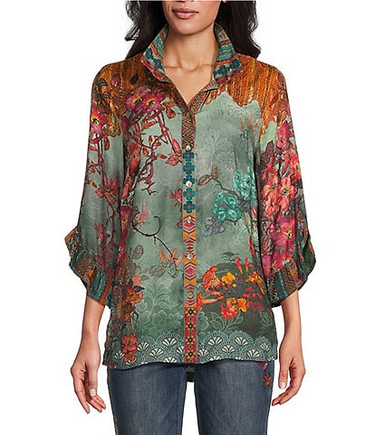 John Mark Petite Size Woven Floral Multiple Print Point Collar Neck 3/4 Ruffle Sleeve Button Front Shirt