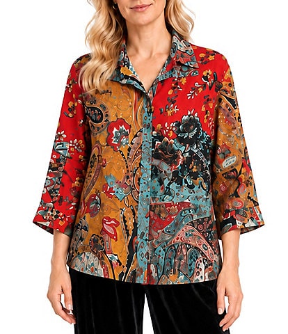 John Mark Petite Size Woven Floral Paisley Wire Collar 3/4 Cinched Sleeve Button Front Blouse