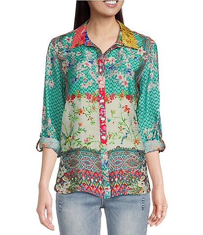 John Mark Petite Size Woven Floral Printed Point Collar Roll Tab Long Sleeve Button Front Tunic