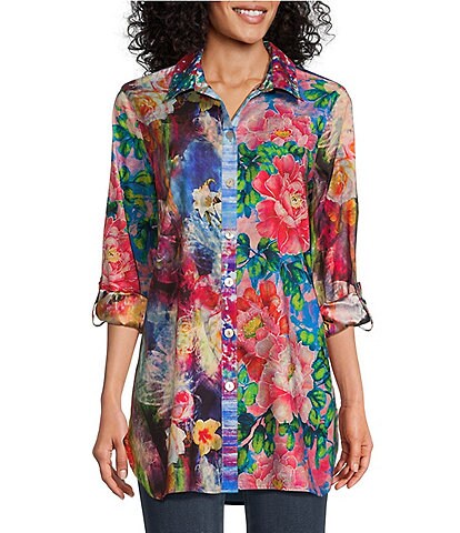 John Mark Petite Size Woven Mixed Floral Print Point Collar Roll-Tab Sleeve Button Front Tunic