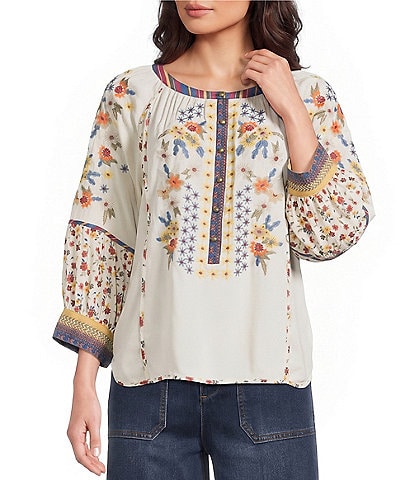 John Mark Petite Size Woven Mixed Print Embroidered Round Neck 3/4 Raglan Sleeve Tunic