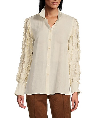 John Mark Petite Size Woven Point Collar Ruffle Long Sheer Sleeve Hi-Low Hem Top