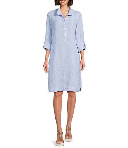 John Mark Petite Size Yarn-Dye Stripe Linen Wire Collar 3/4 Roll-Tab Sleeve Shirt Dress