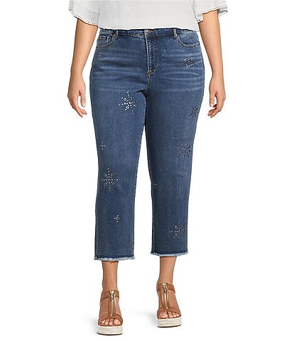 John Mark Plus Size 5-Pocket Heat Set Detail Frayed Hem Cropped Jeans