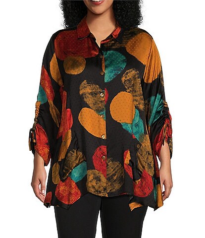 John Mark Plus Size Abstract Dot Print Point Collar 3/4 Cinched Tie Sleeve Patch Pocket Button Front Jacquard Tunic