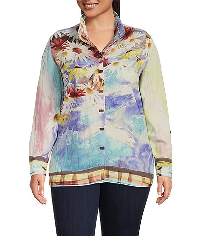 John Mark Plus Size Abstract Painted Floral Border Print Wire Collar Long Sleeve Button Front Tunic