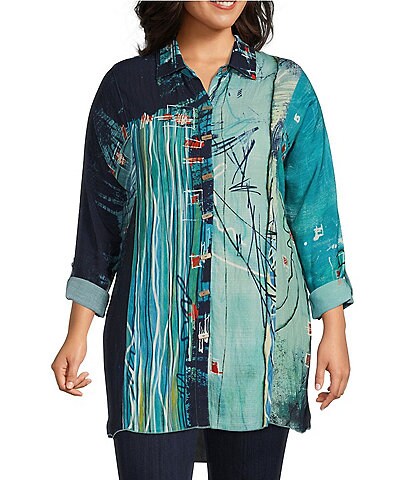 John Mark Plus Size Abstract Painted Lines Print Point Collar Long Roll-Tab Sleeve Button Front Tunic