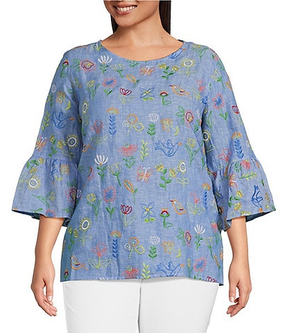John Mark Plus Size All Over Embroidery Woven Scoop Neck 3/4 Flounce Sleeve High-Low Tunic