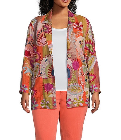 John Mark Plus Size All Over Paisley Print Embroidered Notch Lapel Collar 3/4 Sleeve Open-Front Jacket