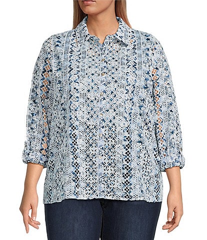 John Mark Plus Size Allover Embroidered Eyelet Printed Point Collar Long Roll-Tab Sleeve Button-Front Tunic