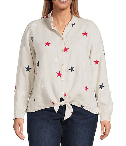 John Mark Plus Size Allover Embroidered Stars Wire Collar Long Roll-Tab Sleeve Button Front Tie Blouse