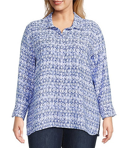 John Mark Plus Size Allover Ikat Print Point Collar 3/4 Sleeve Hi-Low Hem Button-Front Shirt