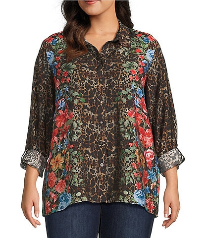 John Mark Plus Size Animal Skin Floral Multi Print Point Collar Long Roll-Tab Sleeve Button Front Tunic