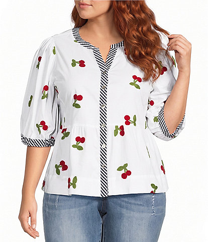 John Mark Plus Size Cherry Embroidered Gingham Trim Split Round Neck 3/4 Puff Sleeve Peplum Top