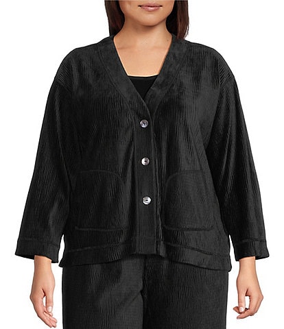 John Mark Plus Size Coordinating Woven Long Sleeve Button-Front Cardigan