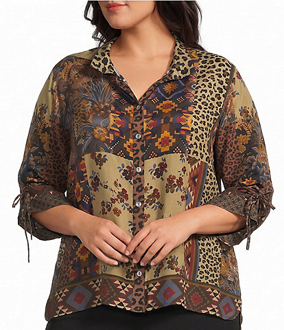 John Mark Plus Size Crepe Multi Safari Embroidered Wire Collar 3/4 Cinched Sleeve Button Front Shirt