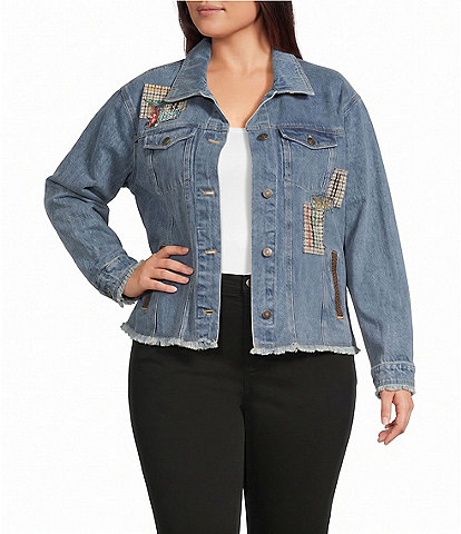 John Mark Plus Size Denim Mixed Patch Panel Dog Print Point Collar Long Sleeve Button Front Jacket