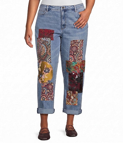John Mark Plus Size Denim Multi Mix Matched Beaded Straight Leg Jeans