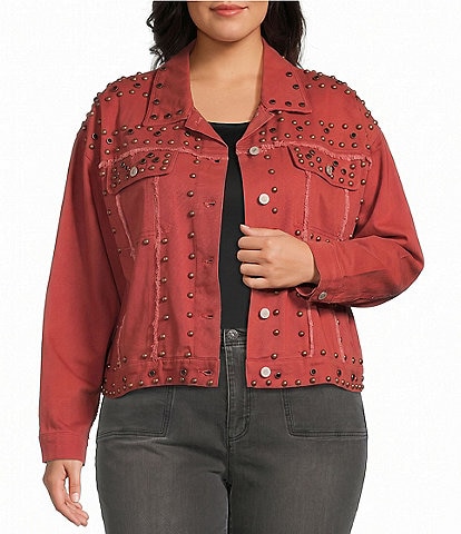 John Mark Plus Size Denim Stud Point Collar Long Sleeve Button Front Jacket