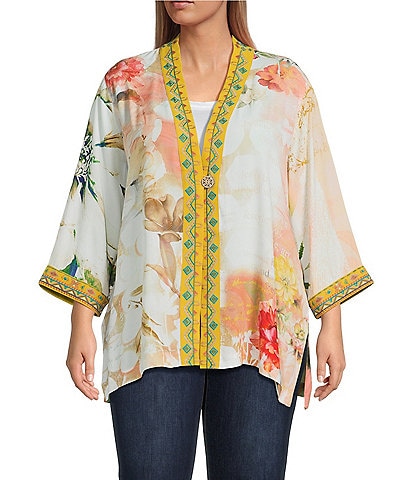 John Mark Plus Size Embroidered 3/4 Sleeve Floral Abstract Kimono