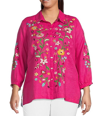 John Mark Plus Size Embroidered Floral Point Collar 3/4 Puff Sleeve Button-Front Woven Tunic