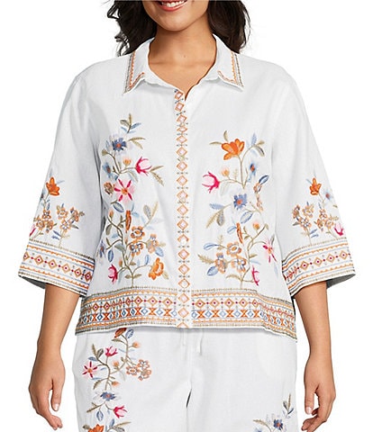 John Mark Plus Size Embroidered Floral Point Collar Short Sleeve Button-Front Blouse