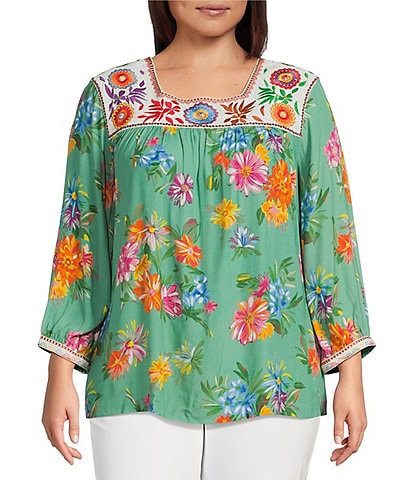 John Mark Plus Size Embroidered Floral Print Square Neck 3/4 Sleeve Peasant Top