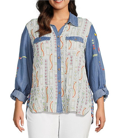 John Mark Plus Size Embroidered Floral Printed Point Collar Long Roll-Tab Sleeve Button Front Top