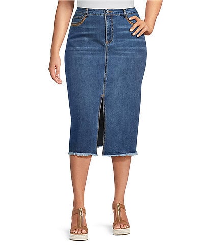 John Mark Plus Size Embroidered Front Slit Midi Denim Skirt