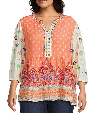 John Mark Plus Size Embroidered Mix Printed Split V-Neck 3/4 Bubble Sleeve Tunic