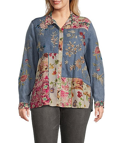 John Mark Plus Size Embroidered Mixed Media Collar 3/4 Sleeve Button Down Top