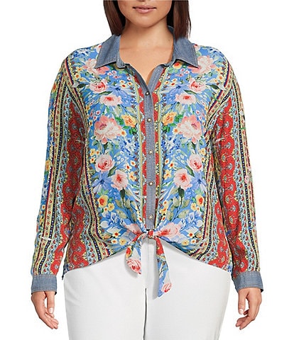 John Mark Plus Size Embroidered Multi Floral Point Collar Long Roll-Tab Sleeve Tie-Front Top
