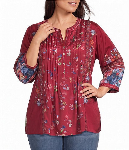 John Mark Plus Size Embroidered Multi Floral Round Split V-Neck 3/4 Sleeve Blouse