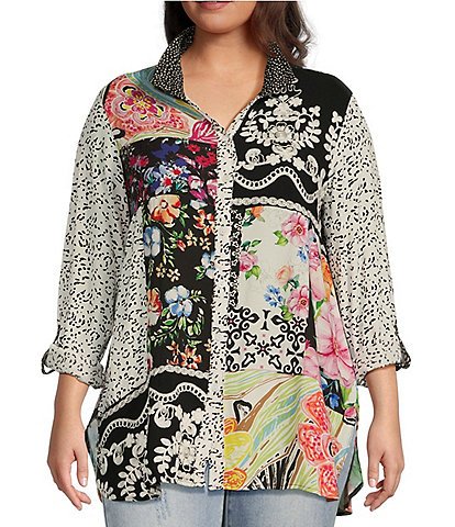 John Mark Plus Size Embroidered Multiple Print Point Collar 3/4 Roll-Tab Sleeve Button-Front Tunic