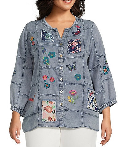 John Mark Plus Size Embroidered Patchwork Split V-Neck 3/4 Sleeve Button-Front Blouse