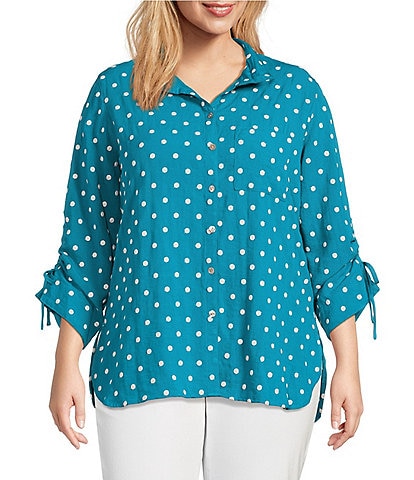 John Mark Plus Size Embroidered Polka Dot Cinch Tie Sleeve Button Front Tunic