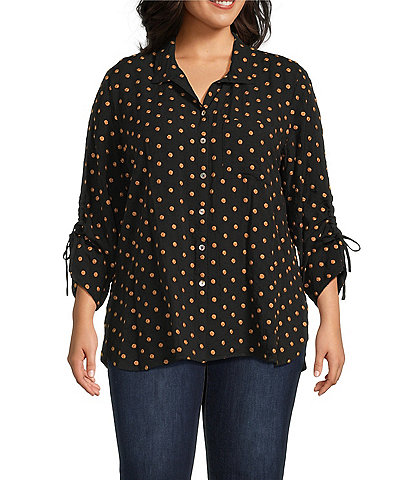 John Mark Plus Size Embroidered Polka Dot Cinch Tie Sleeve Button Front Tunic