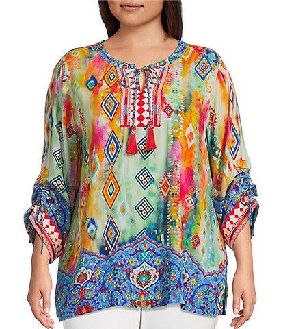 John Mark Plus Size Embroidered Printed Split V-Neck 3/4 Cinched Sleeve Tassel Tie Front Tunic