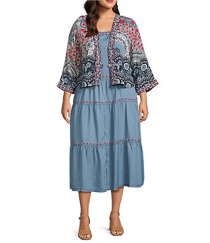 John Mark Plus Size Embroidered Printed Tiered Kimono Dress Set
