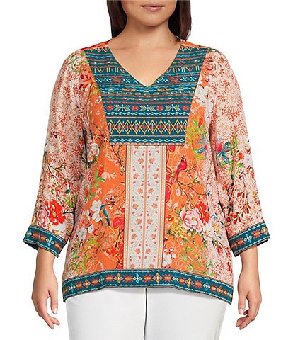 John Mark Plus Size Embroidered Printed V-Neck 3/4 Sleeve Top