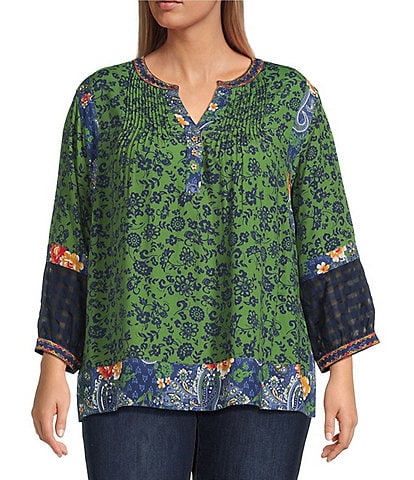 John Mark Plus Size Embroidered Printed Y-Neck 3/4 Sleeve Pintuck Peasant Tunic