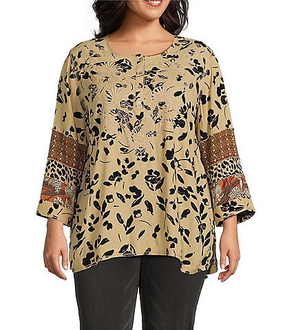 John Mark Plus Size Embroidered Round Neck 3/4 Sleeve Button Up Tunic Top